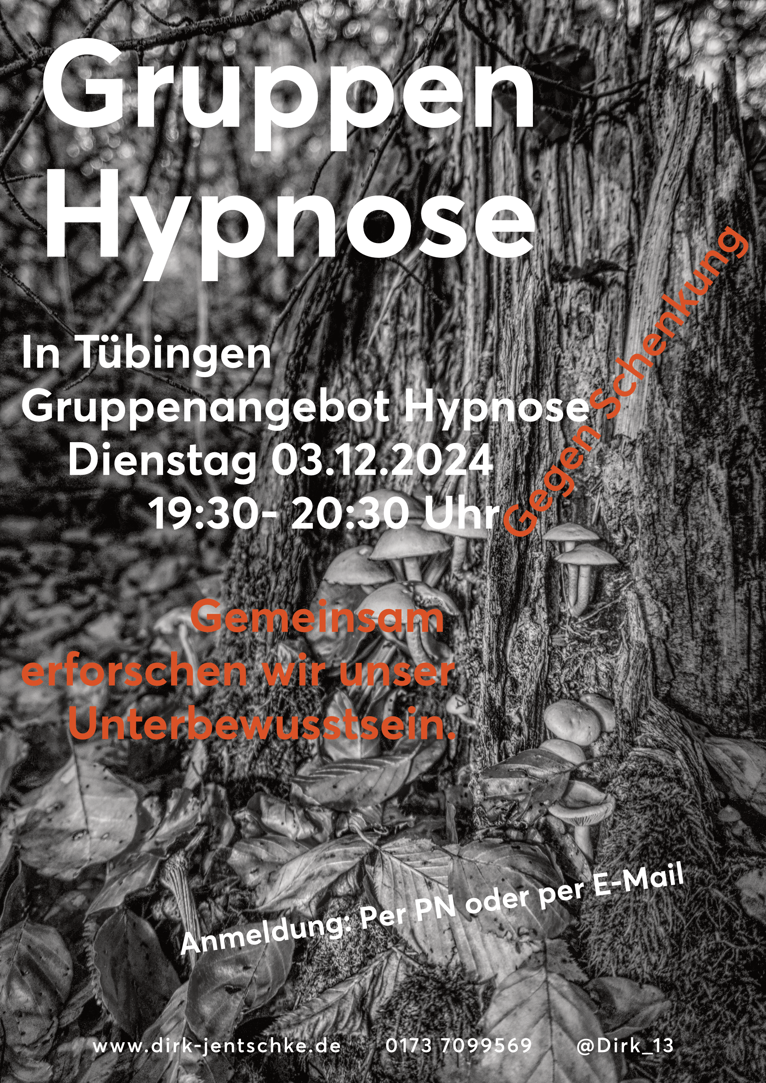 Schrift mit Pilzbild im Hintergrund in Schwarz weiß
